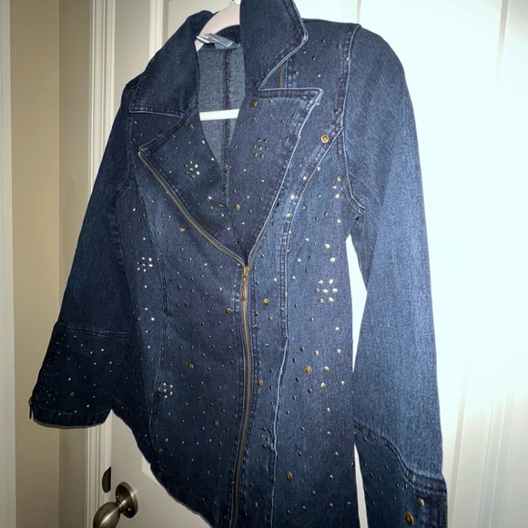 DG2 DIANE GILMAN EMBELLISHED DENIM BLUE ZIP MOTTO JACKET WITH ZIP FLARE SLEEVES - Picture 6 of 16